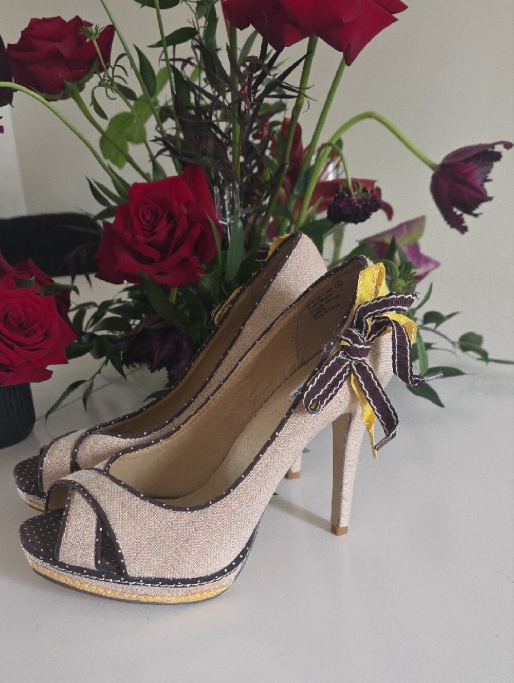 5/25$ Not Rated Beige Peep-Toe Heels with Brown Polka-Dot Trim